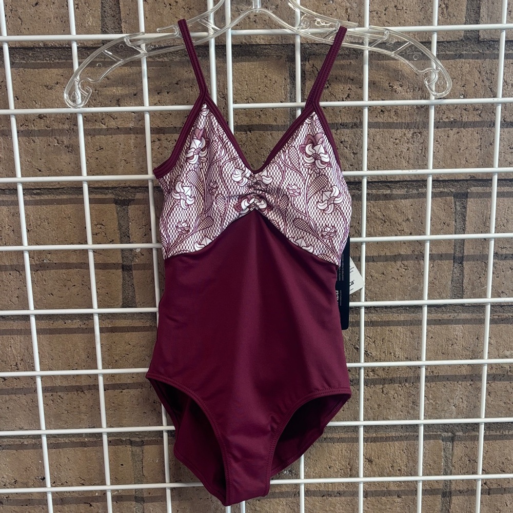 Sodanca-Burgandy camisole leotard with lace print image on top portion